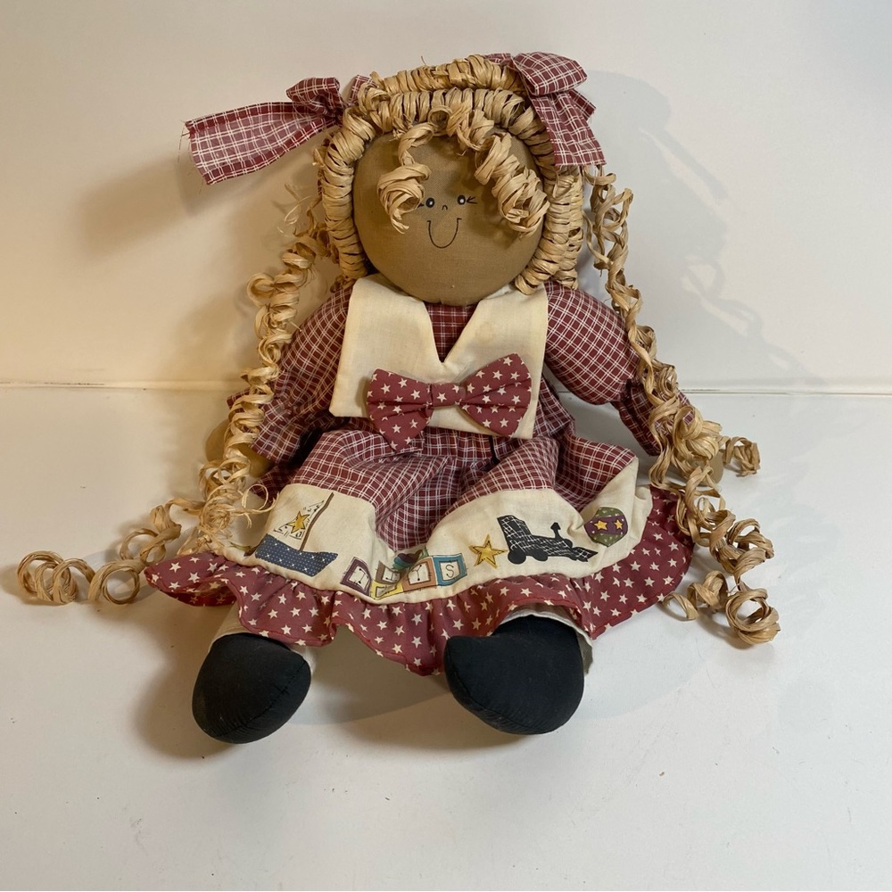 Rustic Shelf Seating Curley Twine Haired Country Doll